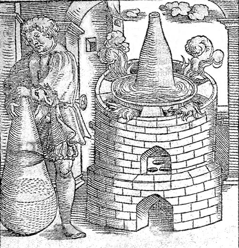Tres s&iacute;mbolos an&aacute;logos: el alquimista, el matraz y el horno. 1554.
