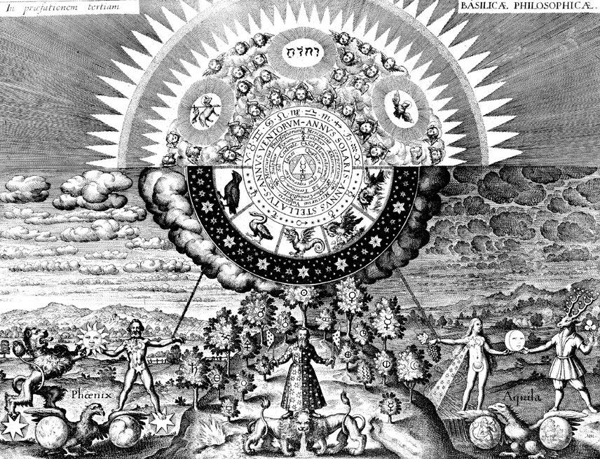 Johann D. Mylius. Opus Medico-Chymicum. Frankfurt, 1618. Diferencia y simultaneidad de nivel: &aacute;ngeles y sol y luna.